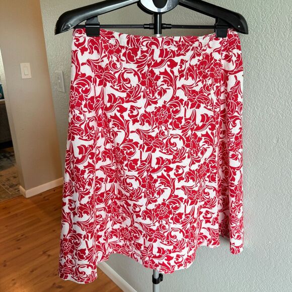 Spiegel Linen Cotton Blend Floral Scroll Paisley Red and White A-Line Skirt 12 - Picture 1 of 3